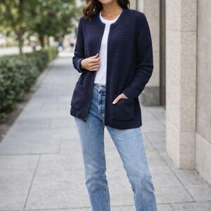 Olsen Navy Ribbed Knit Zip-Up Cardigan Sweater | Cotton Blend Cozy Chic Layering